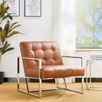 Glitzhome 30.50H Cream Mid-Century PU Leather Tufted Accent Chair with Chrome Plated Frame