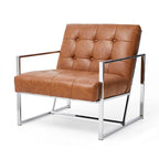 Glitzhome 30.50H Cream Mid-Century PU Leather Tufted Accent Chair with Chrome Plated Frame