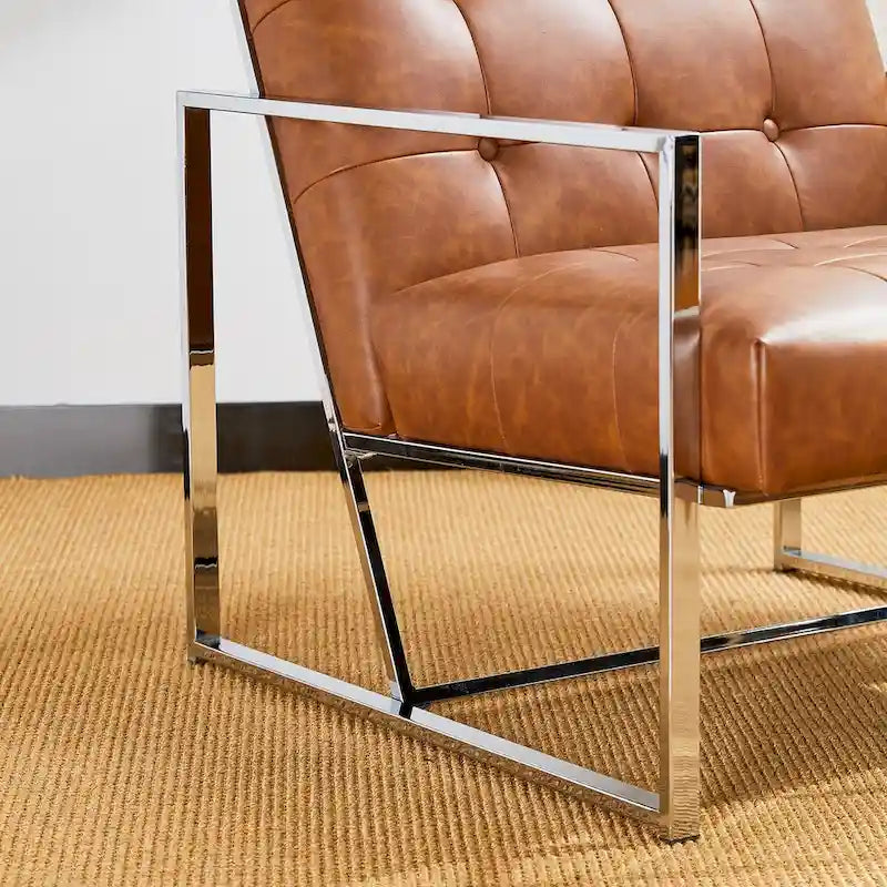 Glitzhome 30.50H Cream Mid-Century PU Leather Tufted Accent Chair with Chrome Plated Frame