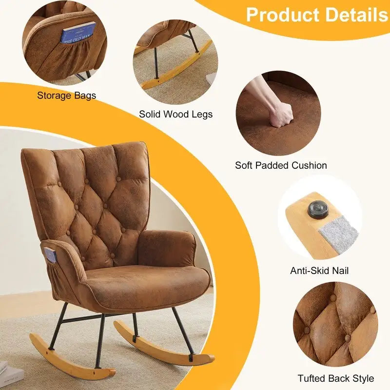 Rocking Chair Nursery, Upholstered Glider Rocker with High Backrest