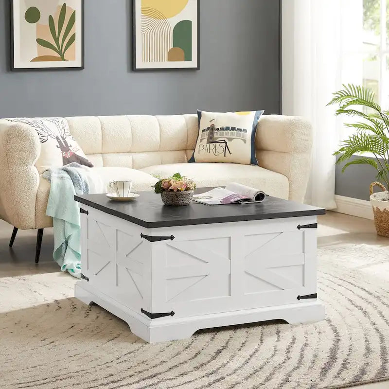 Roomfitters Farmhouse Coffee Table with Lift Top Square, Wood Center Table, Square Wood Center Table with Hidden Storage