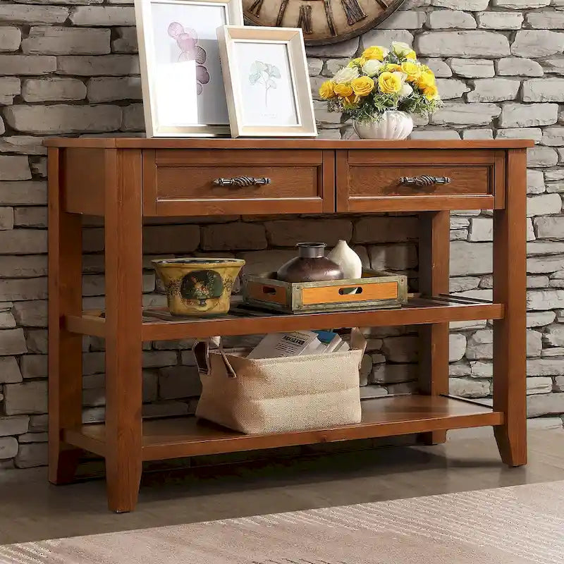 Console Sofa Table with 2 Storage Drawers and 2 Tiers Shelves, Mid-Century Style 42 Solid Wood Buffet Sideboard