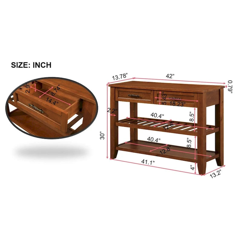 Console Sofa Table with 2 Storage Drawers and 2 Tiers Shelves, Mid-Century Style 42 Solid Wood Buffet Sideboard