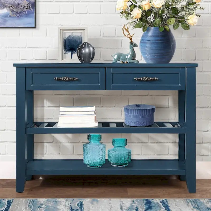 Console Sofa Table with 2 Storage Drawers and 2 Tiers Shelves, Mid-Century Style 42 Solid Wood Buffet Sideboard