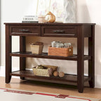 Console Sofa Table with 2 Storage Drawers and 2 Tiers Shelves, Mid-Century Style 42 Solid Wood Buffet Sideboard
