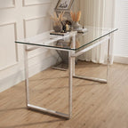 Modern Minimalist Rectangular Glass Dining Table for 4-6 with 0.31 Tempered Glass Tabletop and Silver Chrome Metal Legs