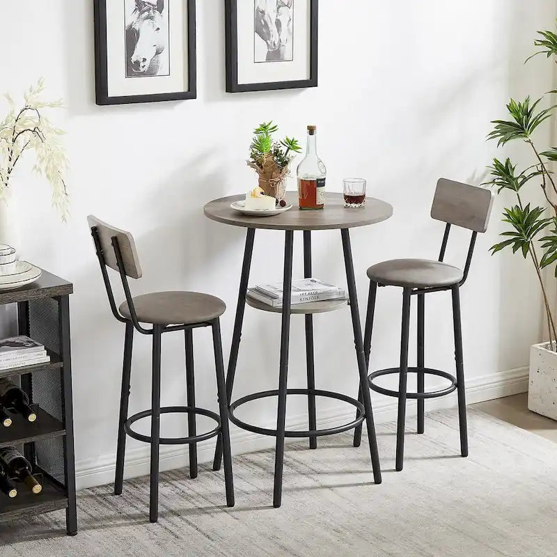 Grondin Industrial Style 3-Piece Round Bistro Pub Table Set with 2 PU Leather Bar Stools and Shelf, Counter Height Bar Table Set