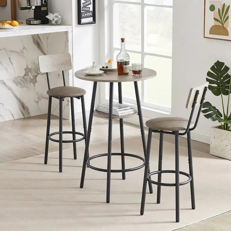 Grondin Industrial Style 3-Piece Round Bistro Pub Table Set with 2 PU Leather Bar Stools and Shelf, Counter Height Bar Table Set