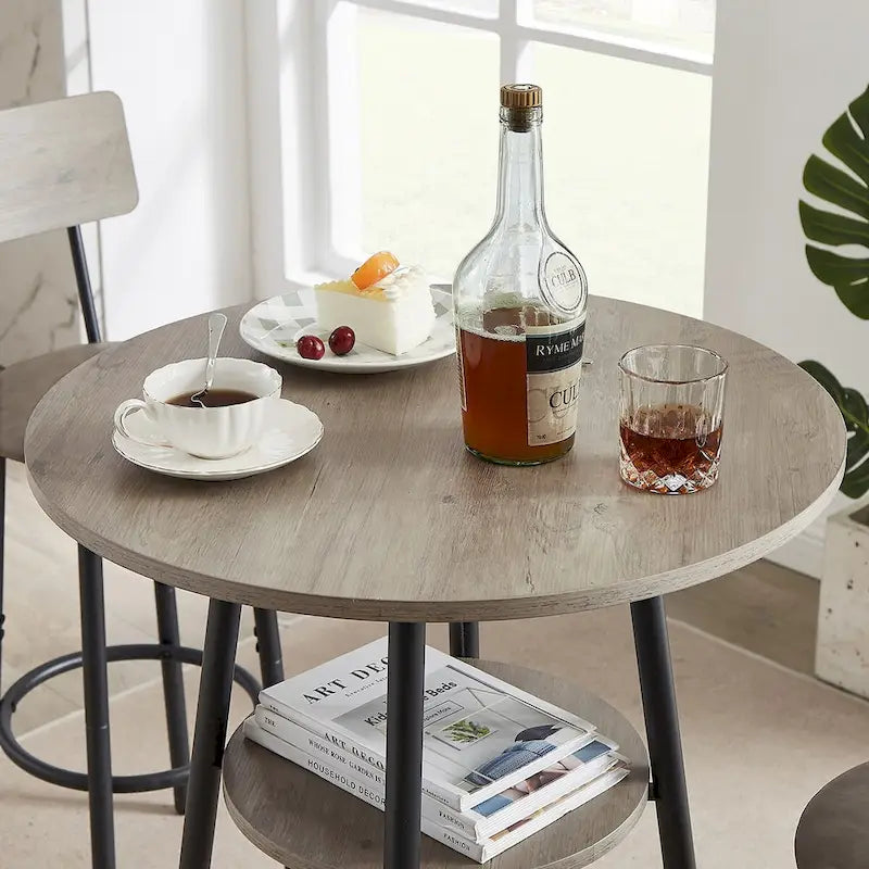 Grondin Industrial Style 3-Piece Round Bistro Pub Table Set with 2 PU Leather Bar Stools and Shelf, Counter Height Bar Table Set