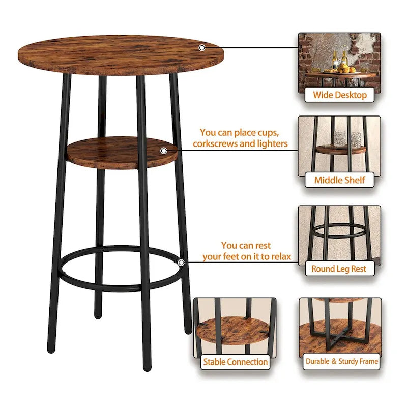 Grondin Industrial Style 3-Piece Round Bistro Pub Table Set with 2 PU Leather Bar Stools and Shelf, Counter Height Bar Table Set