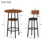 Grondin Industrial Style 3-Piece Round Bistro Pub Table Set with 2 PU Leather Bar Stools and Shelf, Counter Height Bar Table Set