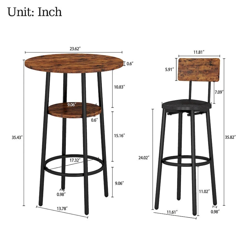 Grondin Industrial Style 3-Piece Round Bistro Pub Table Set with 2 PU Leather Bar Stools and Shelf, Counter Height Bar Table Set