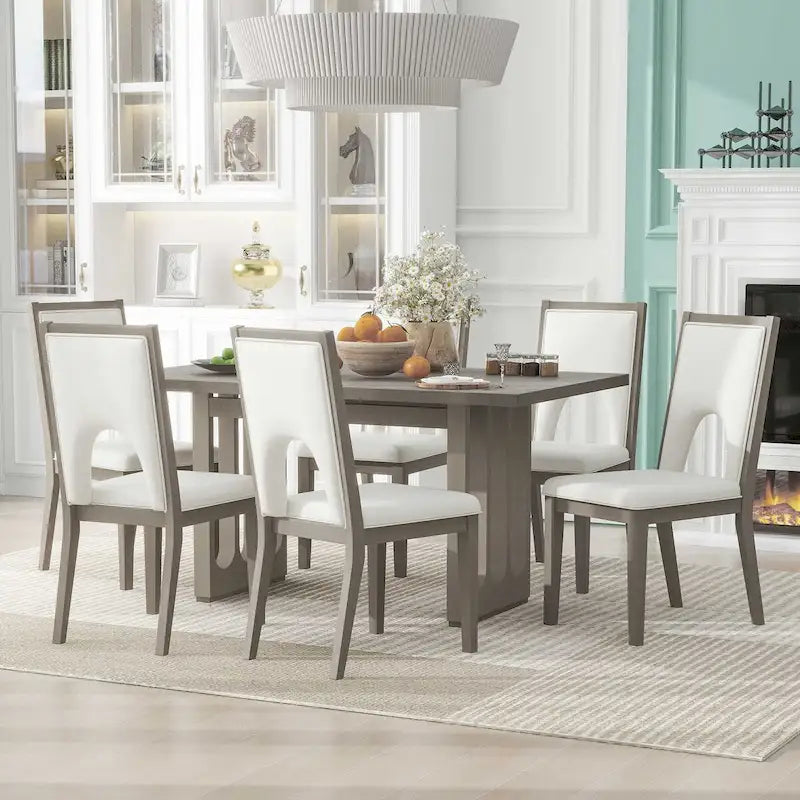 Dining Table Set for 6, Farmhouse Rectangular Dining Table and 6 Upholstered Chairs Ideal for Dining Room