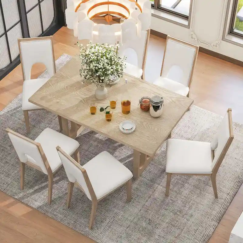Dining Table Set for 6, Farmhouse Rectangular Dining Table and 6 Upholstered Chairs Ideal for Dining Room