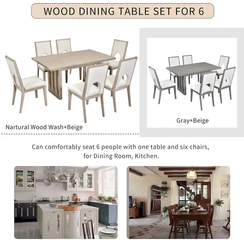 Dining Table Set for 6, Farmhouse Rectangular Dining Table and 6 Upholstered Chairs Ideal for Dining Room