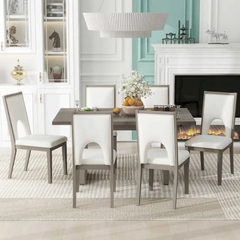 Dining Table Set for 6, Farmhouse Rectangular Dining Table and 6 Upholstered Chairs Ideal for Dining Room