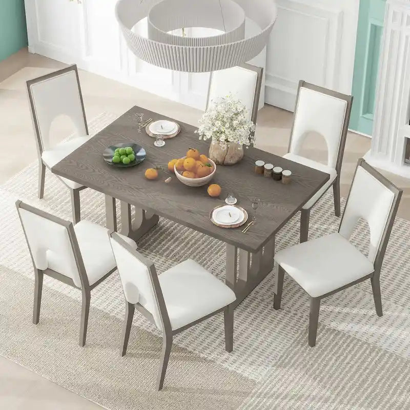Dining Table Set for 6, Farmhouse Rectangular Dining Table and 6 Upholstered Chairs Ideal for Dining Room