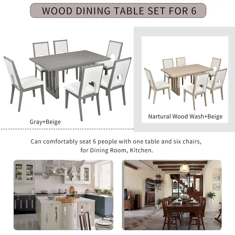 Dining Table Set for 6, Farmhouse Rectangular Dining Table and 6 Upholstered Chairs Ideal for Dining Room