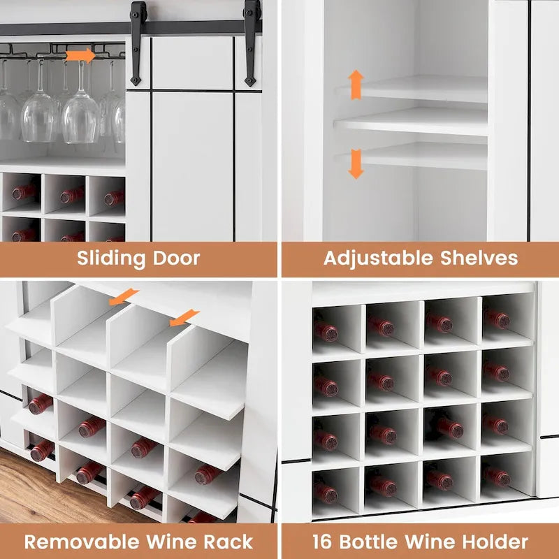 Farmhouse 47 Wine Bar Cabinet Buffet Sideboard Cabinet with 16 Bottle Wine Rack - 15.7D x 47.2W x 34.61H