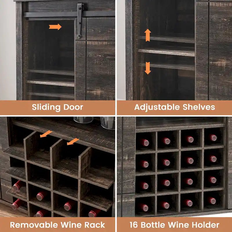 Farmhouse 47 Wine Bar Cabinet Buffet Sideboard Cabinet with 16 Bottle Wine Rack - 15.7D x 47.2W x 34.61H