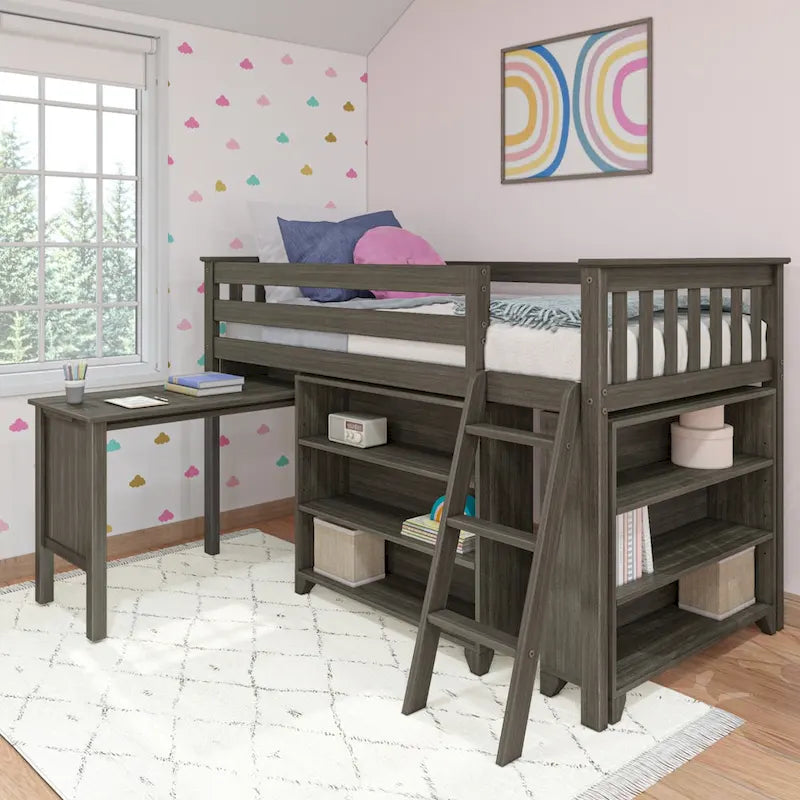 Max and Lily Twin-Size Low Loft w/ Pull-Out Desk and 3-Shelf Bookcases