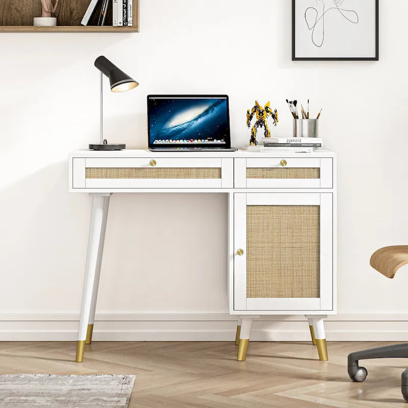Computer Desk with 2 Drawers Modern Rattan Home Office Desk with File Cabinet