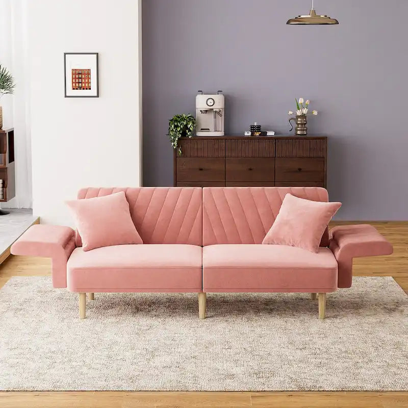 Ouyessir Upholstered Tufted Convertible Futon Sofa Bed with Foldable Armrest