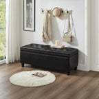 Black Upholstered Tufted Button Storage Bench with Faux Leather and Spindle Wooden Legs,Storage Ottoman Bench