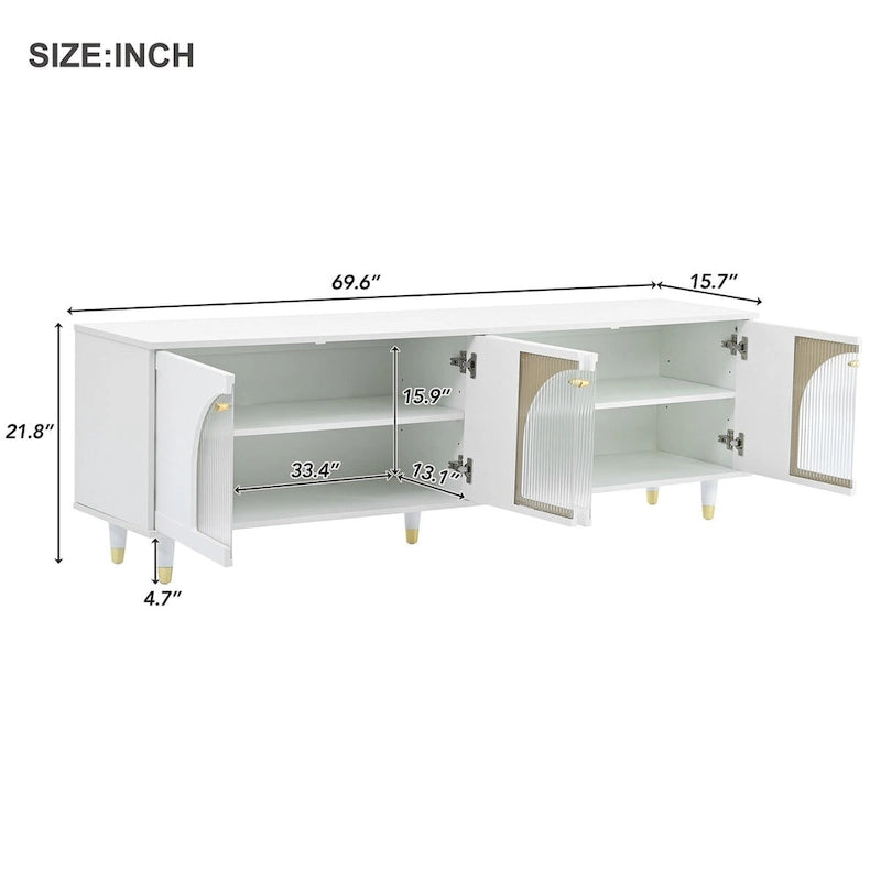 Mieres TV Stand for TVs Up to 78, Entertainment Center with Adjustable Shelves, Gold Handles and Arch Fluted Glass Doors