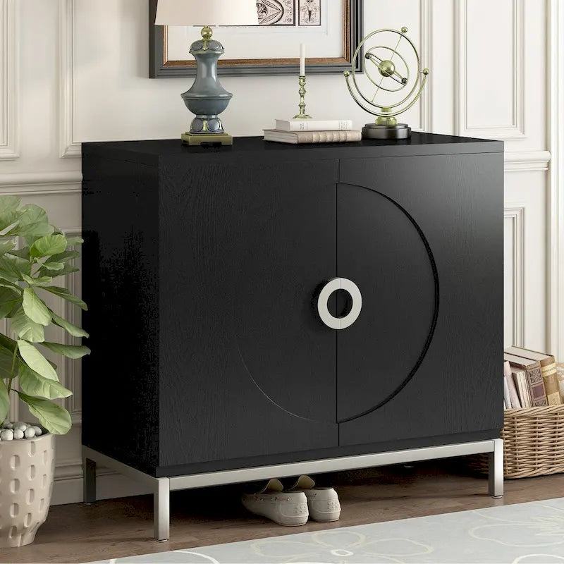 Storage Cabinet Accent Cabinet with Solid Wood Veneer and Metal Leg Frame for Living Room, Entryway