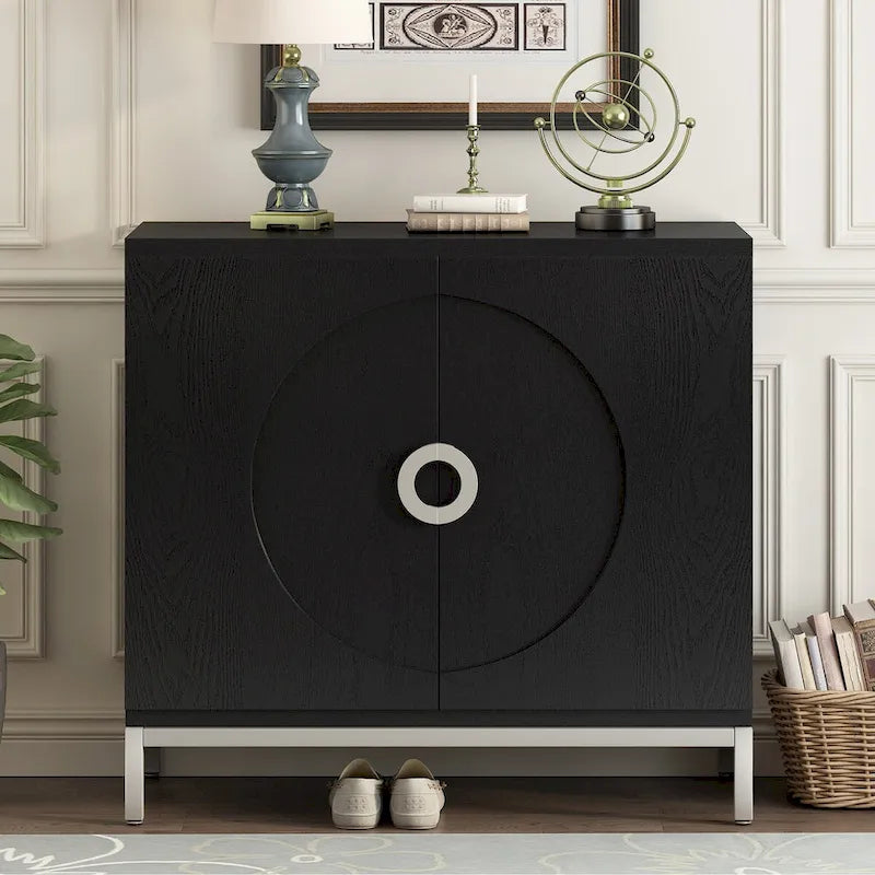Storage Cabinet Accent Cabinet with Solid Wood Veneer and Metal Leg Frame for Living Room, Entryway