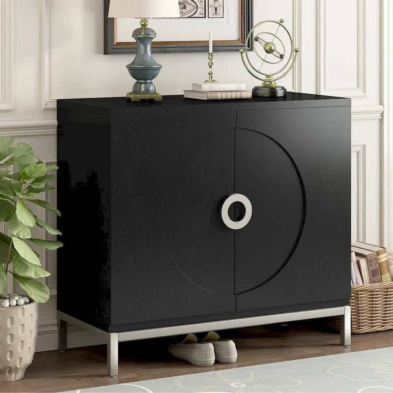 Storage Cabinet Accent Cabinet with Solid Wood Veneer and Metal Leg Frame for Living Room, Entryway