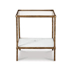 Dalie 25 Inch Accent Table, Square Glass Tabletop, Marble, Antique Gold