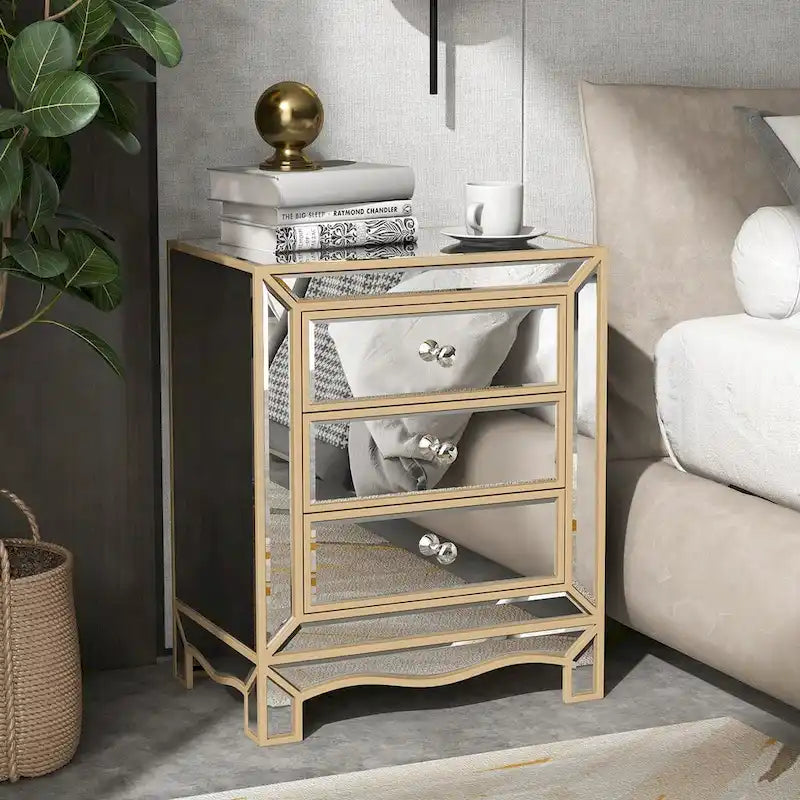 W 19.7 X D 15 X H 26 Champagne Mirror Three Extraction Cabinet, Multifunctional Bedside Table