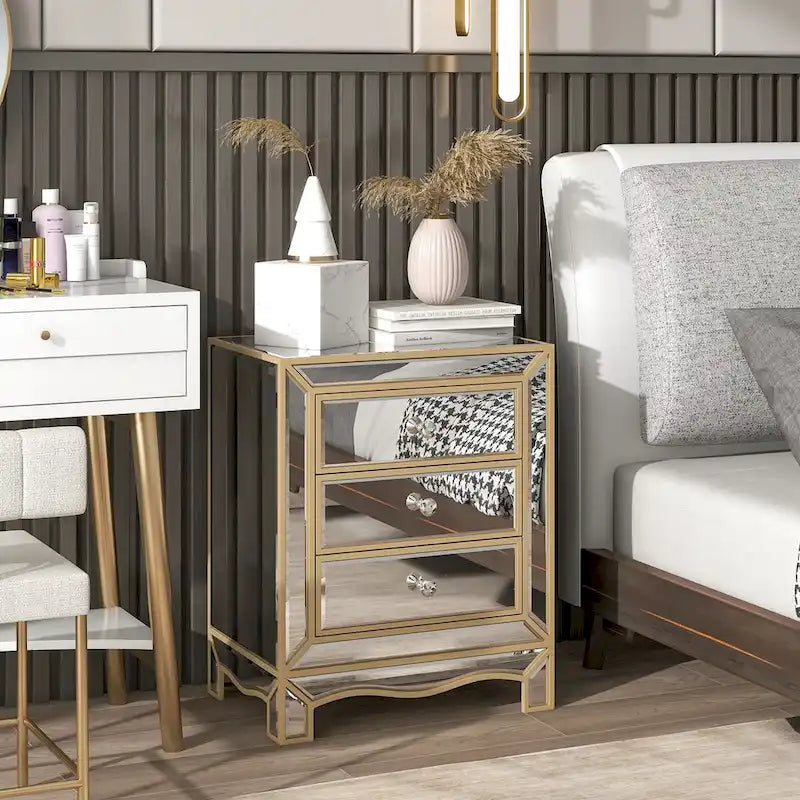 W 19.7 X D 15 X H 26 Champagne Mirror Three Extraction Cabinet, Multifunctional Bedside Table