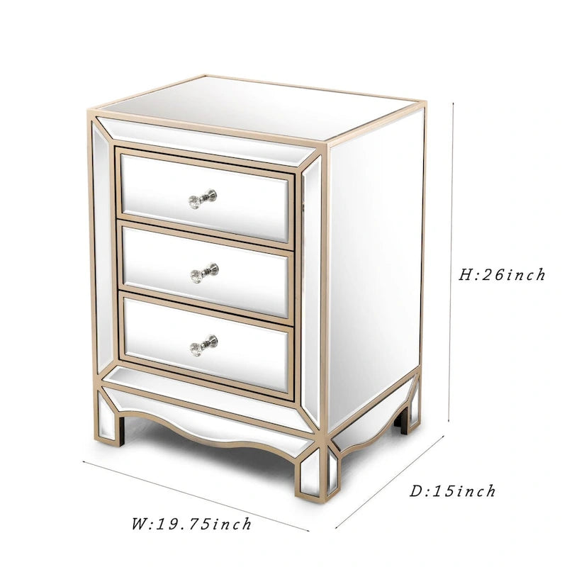 W 19.7 X D 15 X H 26 Champagne Mirror Three Extraction Cabinet, Multifunctional Bedside Table