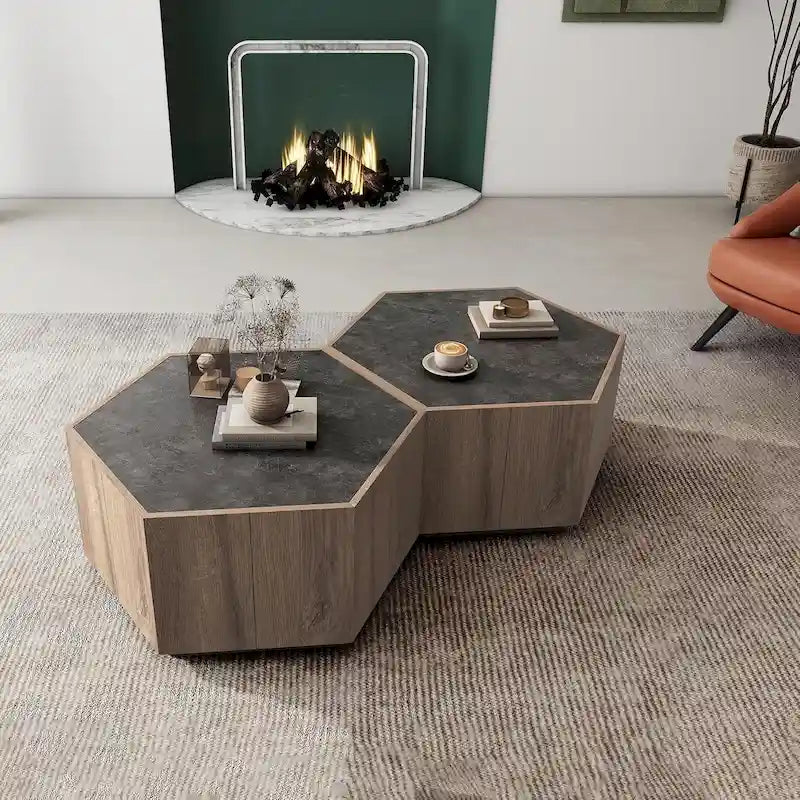 2 PCS Light Oak Hexagonal Tea Table with Drawers for Living Room