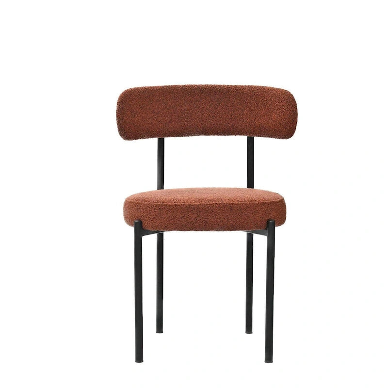 Modern Round Upholstered Boucle Dining Chairs Set of 2, Curved Backrest and black metal spray-painted legs