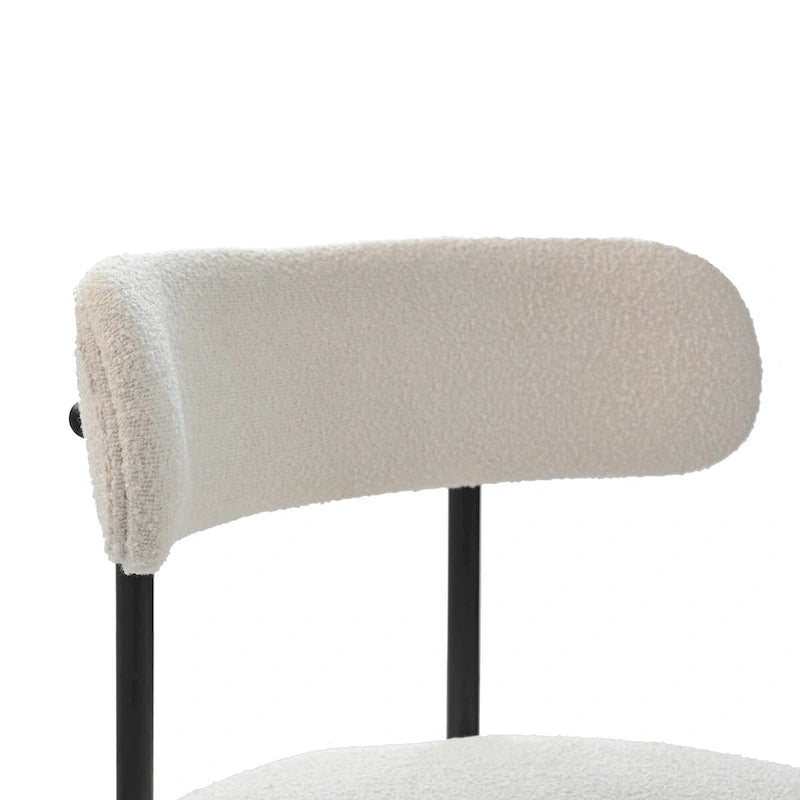 Modern Round Upholstered Boucle Dining Chairs Set of 2, Curved Backrest and black metal spray-painted legs