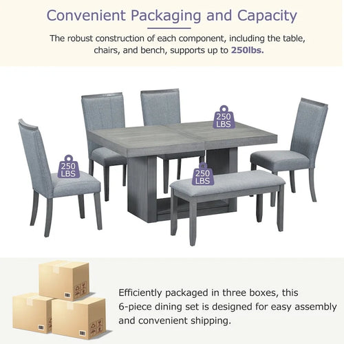 6-Piece 78inch Extendable Pedestal Dining Table Set with 18inch Removable Leaf and Dining Bench, 4 Upholstered Dining Chairs