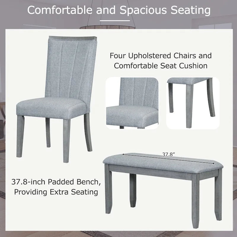 6-Piece 78inch Extendable Pedestal Dining Table Set with 18inch Removable Leaf and Dining Bench, 4 Upholstered Dining Chairs
