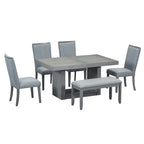 6-Piece 78inch Extendable Pedestal Dining Table Set with 18inch Removable Leaf and Dining Bench, 4 Upholstered Dining Chairs