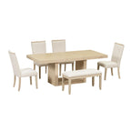 6-Piece 78inch Extendable Pedestal Dining Table Set with 18inch Removable Leaf and Dining Bench, 4 Upholstered Dining Chairs