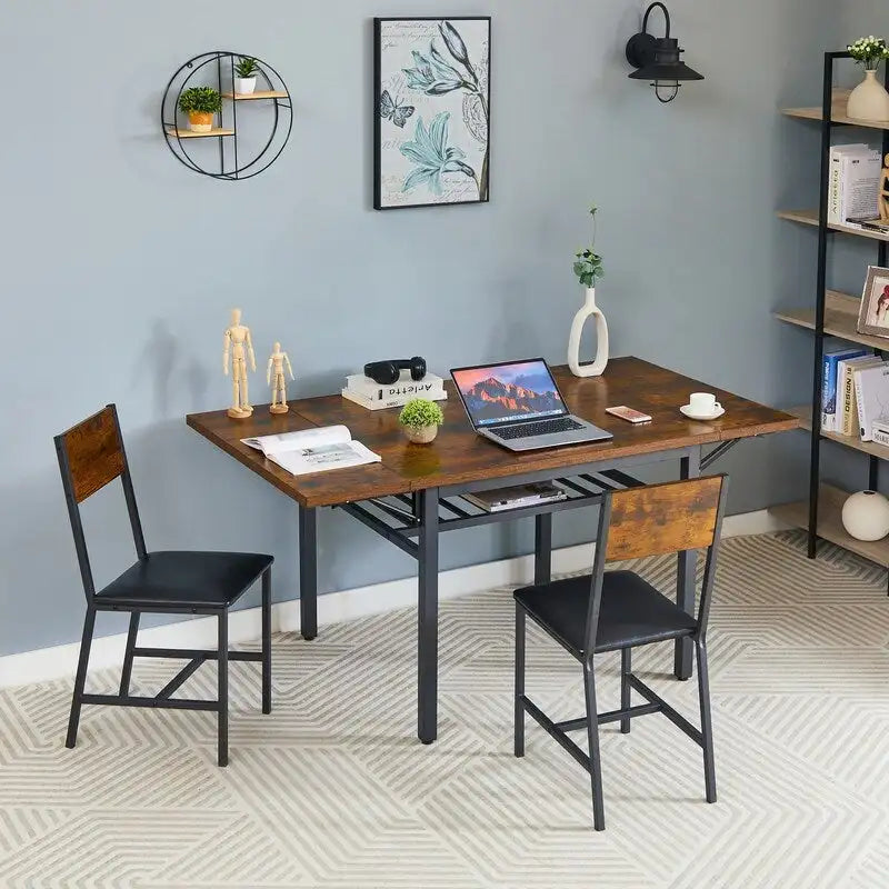 Vintage Industrial Folding Dining Table, Drop Leaf Extendable Rectangular Wood Table for Kitchen, Living Room, Dining Room