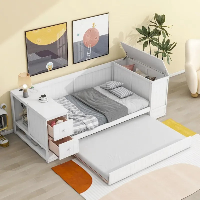 Twin Size Daybed with Trundle, Storage Arms, Charging Station, Wood Frame Sofa Bed, for Living Room Bedroom Guest Room