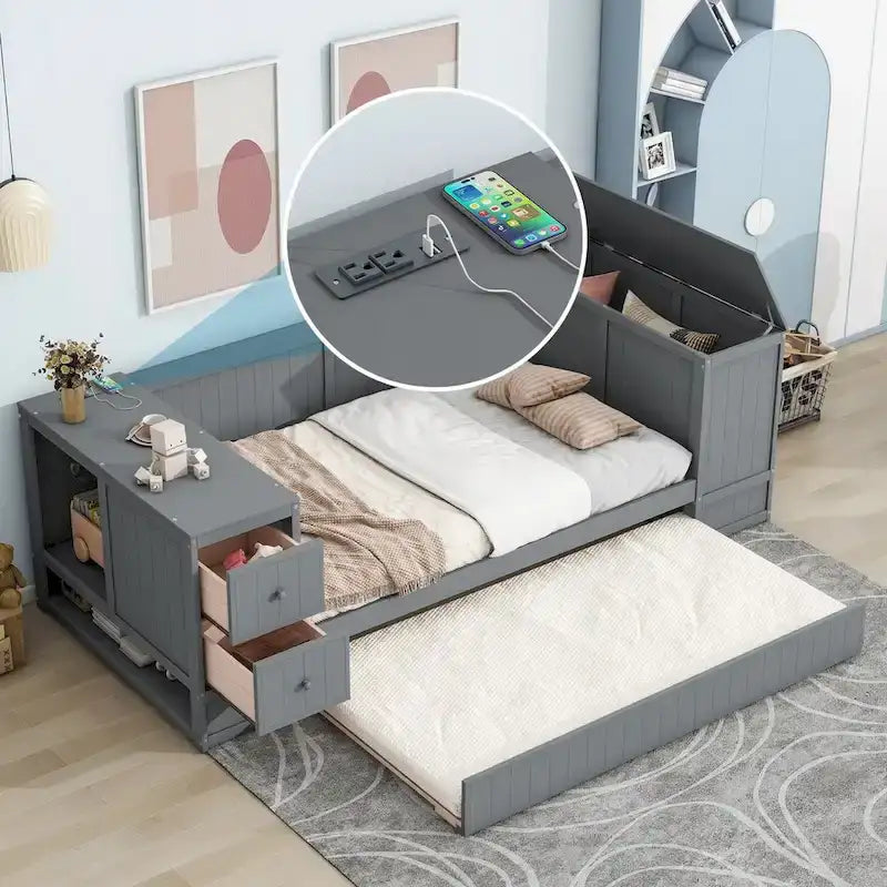 Twin Size Daybed with Trundle, Storage Arms, Charging Station, Wood Frame Sofa Bed, for Living Room Bedroom Guest Room