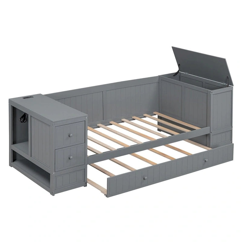 Twin Size Daybed with Trundle, Storage Arms, Charging Station, Wood Frame Sofa Bed, for Living Room Bedroom Guest Room
