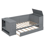 Twin Size Daybed with Trundle, Storage Arms, Charging Station, Wood Frame Sofa Bed, for Living Room Bedroom Guest Room