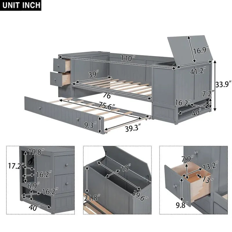 Twin Size Daybed with Trundle, Storage Arms, Charging Station, Wood Frame Sofa Bed, for Living Room Bedroom Guest Room