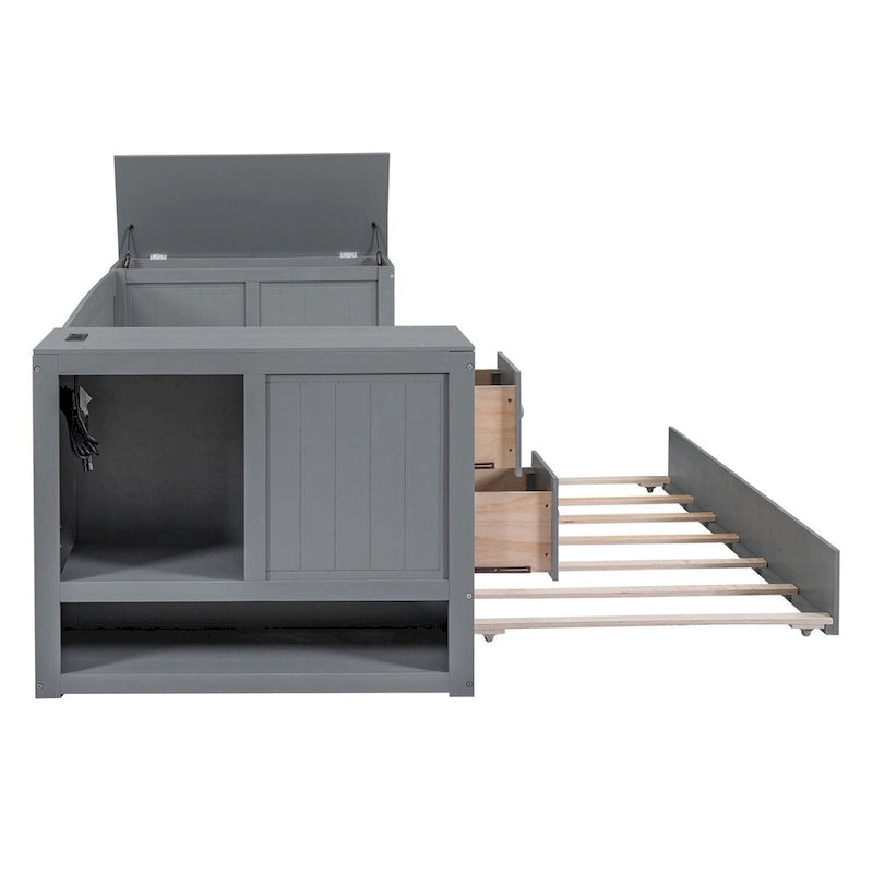 Twin Size Daybed with Trundle, Storage Arms, Charging Station, Wood Frame Sofa Bed, for Living Room Bedroom Guest Room